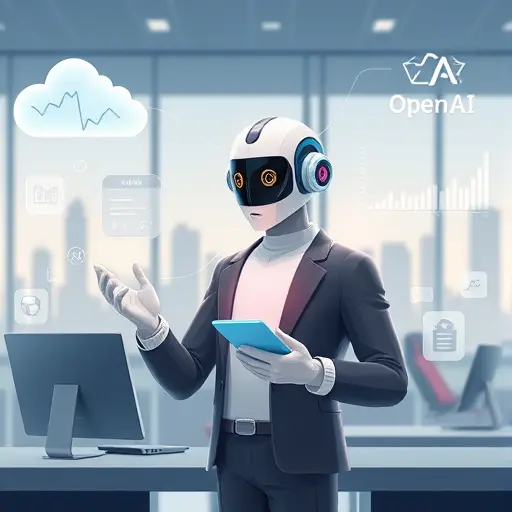 futuristic animated ChatGPT Agent interacting with data clouds, AI technology icons, dynamic price charts, OpenAI branding, no text