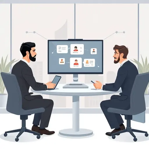 cartoon style illustration showing AI chatbot assisting businessmen during a virtual meeting, technology icons floating around, negotiation concept, minimalistic, no text