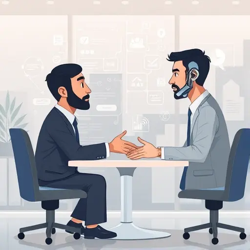 animated negotiation scene with business symbols, AI chatbot interface illustration, abstract technology background, clean design, text-