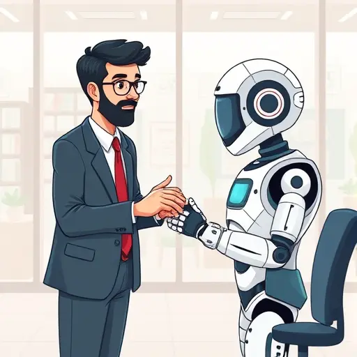 artificial intelligence chatbot simulating negotiation scenarios, animated cartoon style, business icons and digital interface, text-free