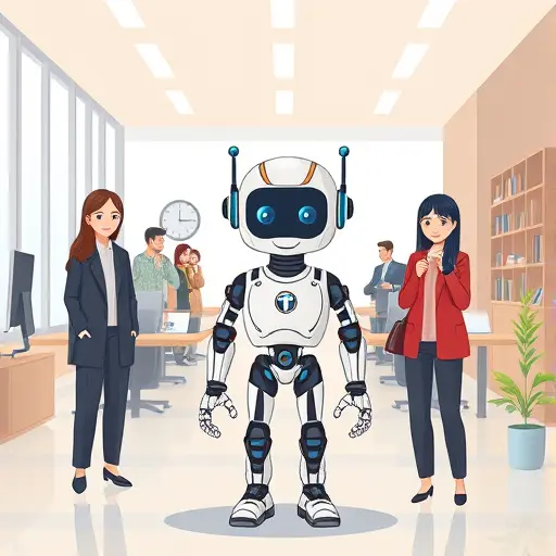 cartoon style illustration showing an AI assistant (robot icon)