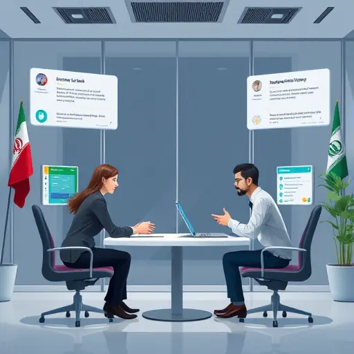 illustration of a virtual business negotiation scenario, animated AI chat windows simulating back-and-