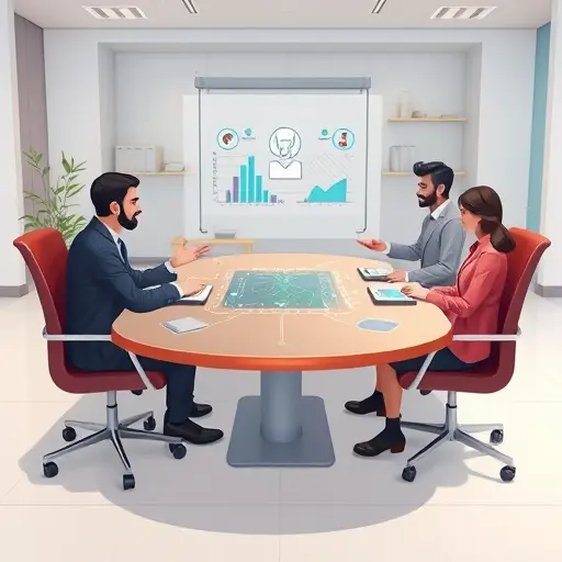 animated digital negotiation table, AI-powered virtual assistant interface in center, business technology icons (contracts, graph, handshake)