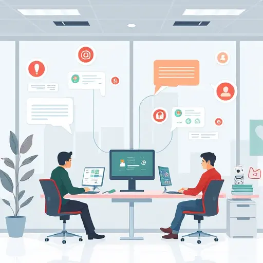 cartoon style illustration of an automated support desk powered by AI, message bubbles, gears and chatbot icons, users getting happy support instantly, technology theme, no text