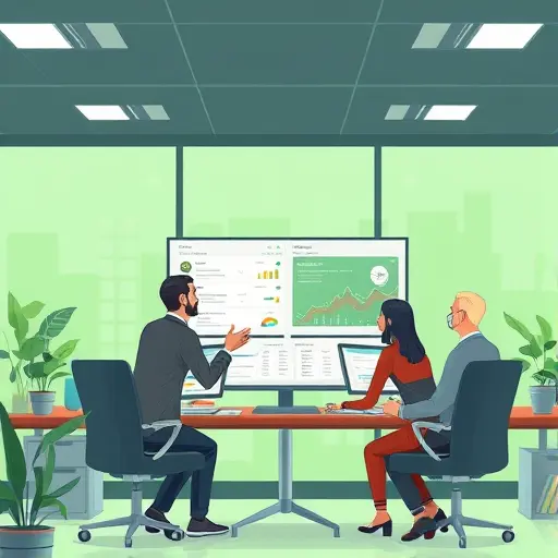 successful business using AI chatbot analysis, managers viewing dashboards with customer insights, cartoon style, green-accent tech office, no text