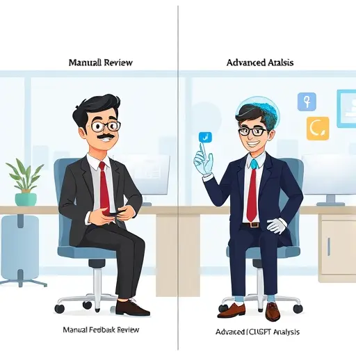 side-by-side comparison of traditional manual feedback review vs. advanced AI (ChatGPT) analysis, animated infographic style, clear contrast, tech symbols, no text
