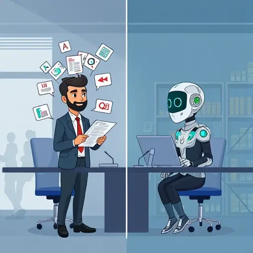 animated tech comparison between manual and AI feedback analysis, humorous cartoon with human overwhelmed by paperwork vs.