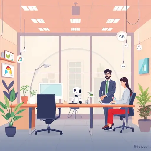 cartoon style illustration of AI automating daily office tasks, chatbots, email management, and scheduling, futuristic workplace, tech icons, text-free