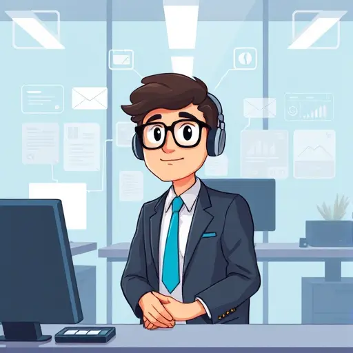 cartoon illustration of a digital assistant monitoring emails, scheduling meetings, and automating office tasks, abstract UI with animated widgets, no text