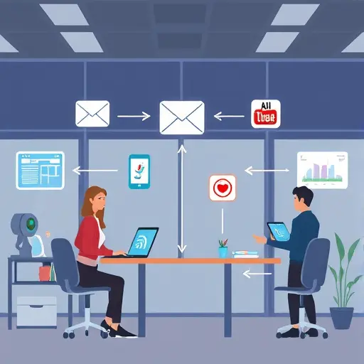 illustration of AI platform integrating with different apps (email, calendar, website, CRM), arrows showing automation flow, cartoon style, no text