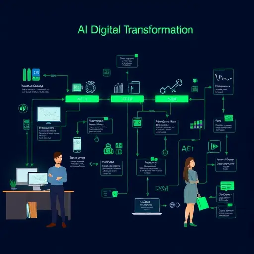 modern AI digital transformation illustration, animated flowchart of routine tasks being automated by AI, clean design, accent green highlights, no text