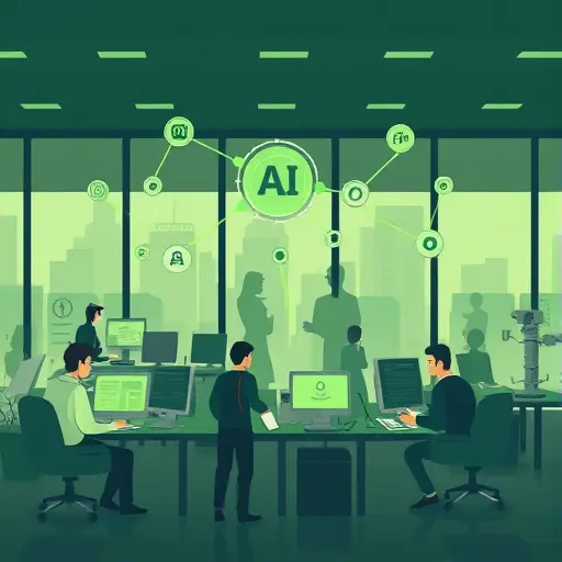 abstract illustration of teamwork boosted by AI automation, groups of animated characters working with AI systems, green and dark color accents, productivity, no text