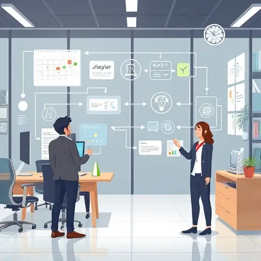 illustration of smart AI-powered routines, animated flowcharts, calendars, and tasks being managed autonomously, technology environment, clean, no text