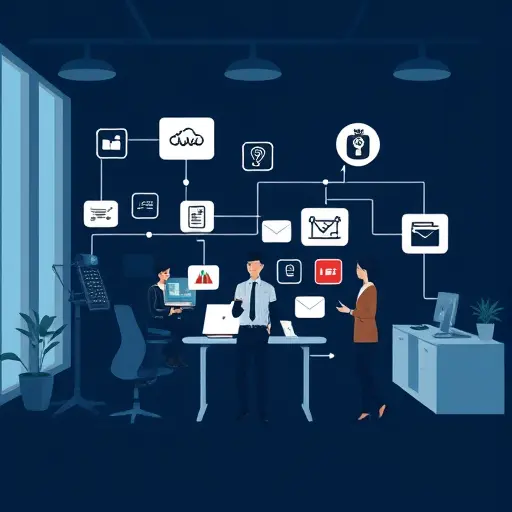 business workflow automation with AI, animated sequence of automated tasks (invoices, customer support, reports)