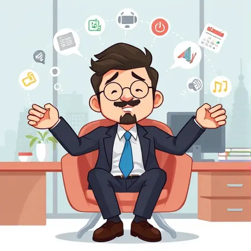 cartoon illustration of a relaxed animated character with a digital calendar and AI icons around, symbolizing stress-