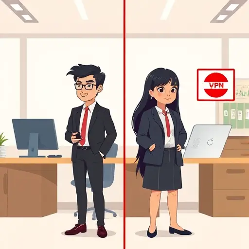 comparison illustration, two digital assistants: one with difficult access (blocked symbol, VPN)