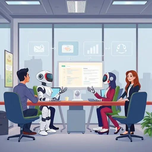 cartoon-style automation process with animated robot assistants automating repetitive tasks like emails and calendars, AI dashboard, technology theme, clean, text-free