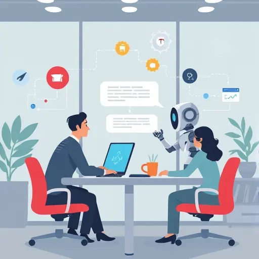 abstract illustration showing automated workflow with AI chatbot assisting startup team, gears and automation icons, animated style, tech office, text-free