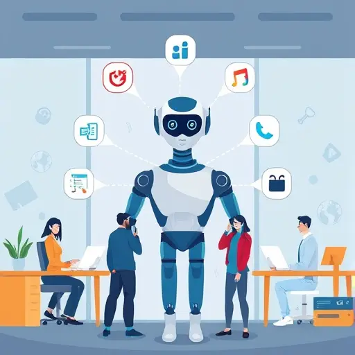 modern illustration showing an AI agent automating workflow steps for a tech startup, multiple apps connected, productivity icons, no text