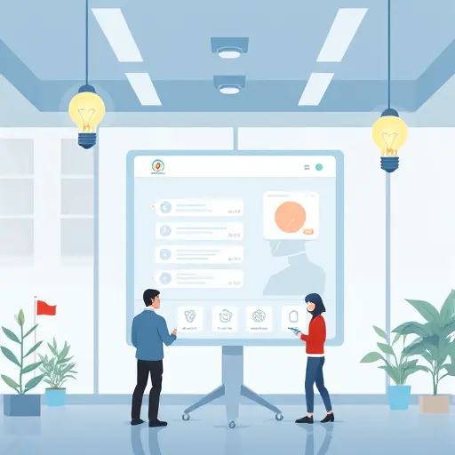 animated startup scene with AI-powered chatbot agent panel, lightbulbs showing idea generation, technology icons, young Iranian entrepreneurs, no text