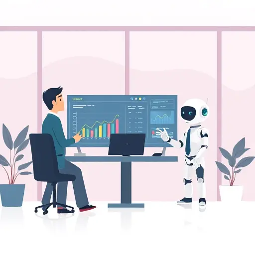 symbolic illustration of data analysis, AI dashboard with graphs and charts, chatbot agent making recommendations, animation style, no text