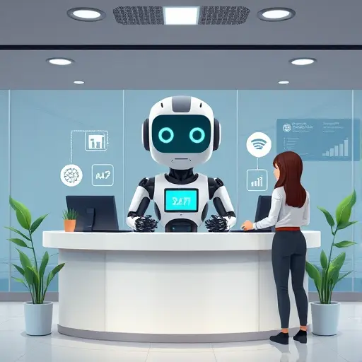 illustration of animated AI chatbot behind a digital counter, icons for 24/7