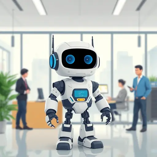 illustration of ChatGPT Agent as an animated robot assistant, automating business reports and presentations, startup environment, clean high-tech Iranian style, no text