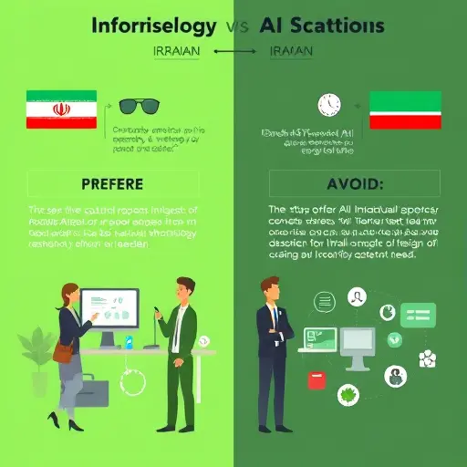 abstract infographic comparing Iranian AI platform with foreign AI services, green and dark backgrounds, icon-based, text-free
