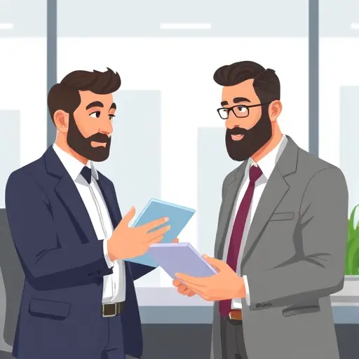 animated director consulting with a digital AI assistant on a tablet, decision making in management, tech illustration, no text