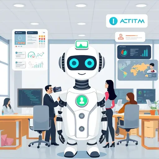 cartoon illustration of AI agent automating managerial tasks in a digital office environment, animated dashboards, chat bubbles, workflow automation icons, no text