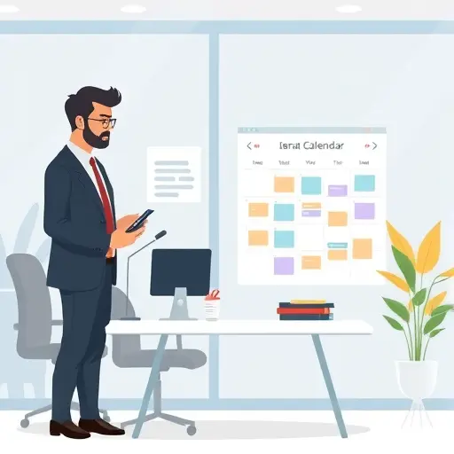 animated illustration of an AI-powered calendar and to-do list, manager checking schedule with smart assistant, user-
