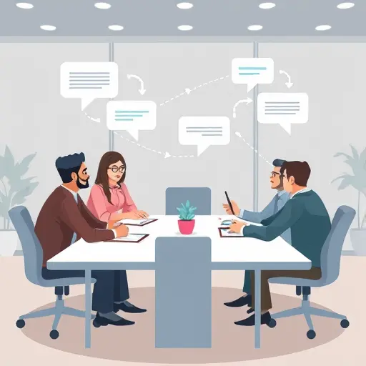 symbolic animated boardroom discussion, AI chat bubbles interacting with managers, digital strategy arrows, abstract teamwork, productivity and decision-making, no text