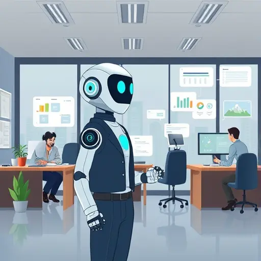 cartoon illustration of AI agent automating managerial tasks in a digital office environment, animated dashboards, chat bubbles, workflow automation icons, no text
