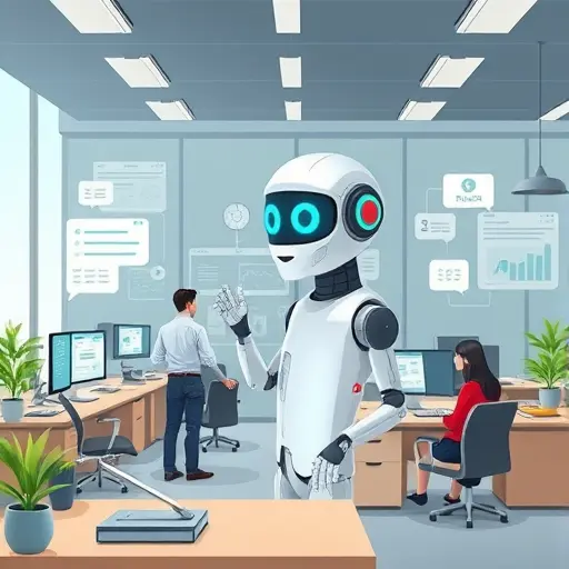 cartoon illustration of AI agent automating managerial tasks in a digital office environment, animated dashboards, chat bubbles, workflow automation icons, no text