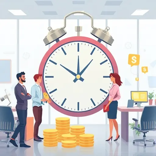 conceptual illustration of time and cost savings with AI, animated clock, coins and chatbots, tech-