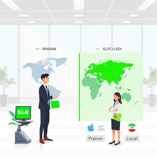 comparison chart illustration showing Iranian AI platform versus global platforms, animation style, green accent for local solution, tech icons, no text