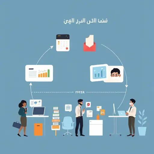 cartoon process flow showing an AI agent automating business tasks: chat, emails, reports;