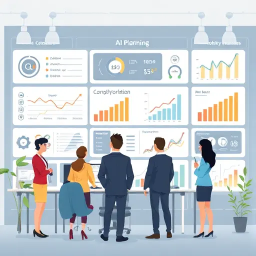 animated organizational dashboard with AI planning modules, stylized icons, organizational charts, and growth arrows, clean tech illustration, no text
