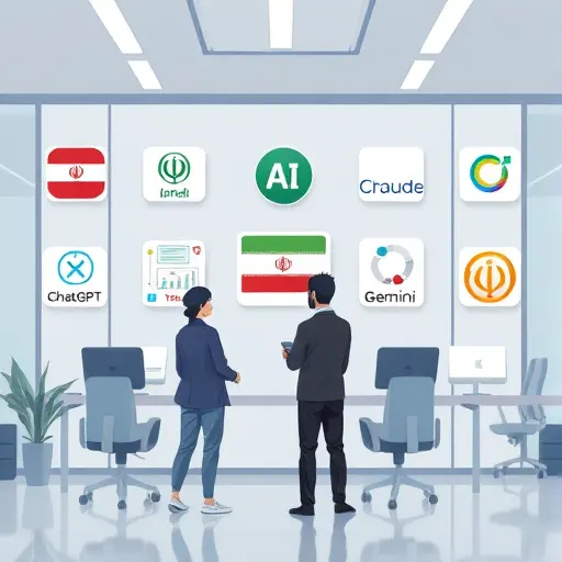 animated illustration of Iranian AI platform interface, diverse AI logos (ChatGPT, Claude, Gemini)