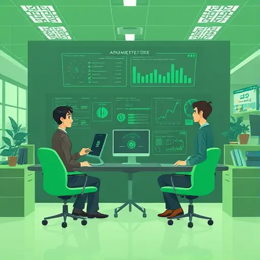 animated Iranian marketing office with AI analyzing customer personas, green and dark color scheme, local market adaptation, text-free