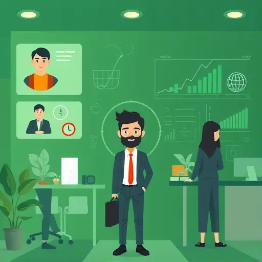 illustrated persona concept, animated customer profile cards, data-driven charts, abstract, technology-inspired design, greens and dark backgrounds, no text