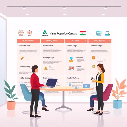 modern illustration of a value proposition canvas, with abstract business icons, Iranian business color palette, AI elements, and a focus on clarity and innovation, no text