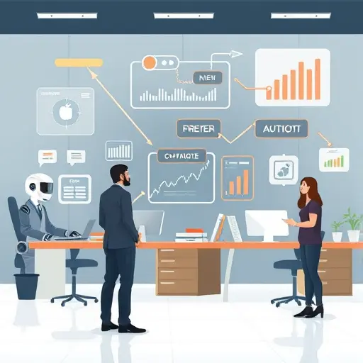 illustration of an AI chatbot analyzing keyword data, arrows showing keyword optimization, charts and graphs, animated style, technology icons, no text