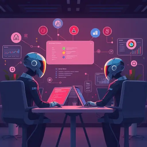 animated scene of AI agents collaborating to automate PPC keyword research, showing dashboards, interconnected workflows, digital marketing icons, dark tech theme, no text