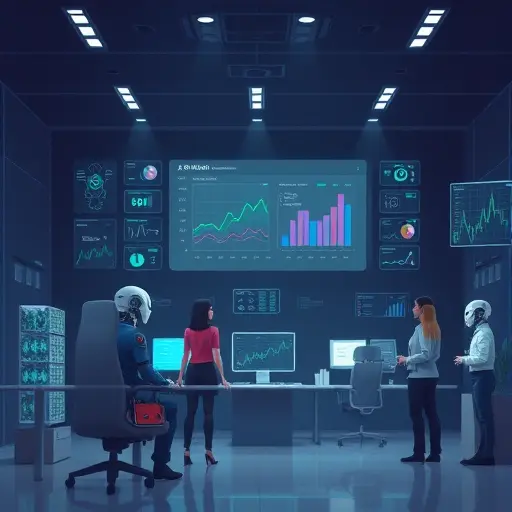 technology illustration showing AI agents automating and optimizing PPC campaigns, dashboards, animated charts, futuristic dark theme, no text