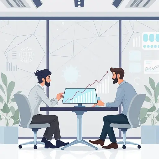 animated digital marketing team analyzing keyword trends, AI chatbots and data graphs, Iranian patterns in the background, no text