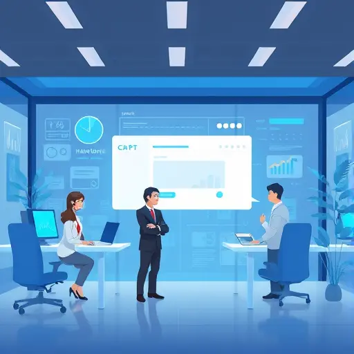 animated illustration showing ChatGPT generating advertising copy based on keyword analytics, digital marketing concept, bright data highlights, no text