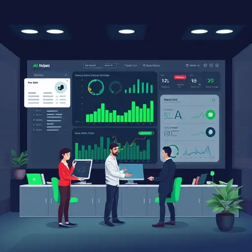 cartoon illustration of an AI dashboard dynamically sorting and optimizing PPC keyword lists, digital data flows and algorithm icons, dark background, bright green highlights, no text