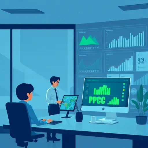 animatic illustration showing collaborative use of two AI platforms (symbolic ChatGPT agent and GapGPT interface) for PPC campaign optimization, abstract charts and keyword clusters, tech green accents, no text