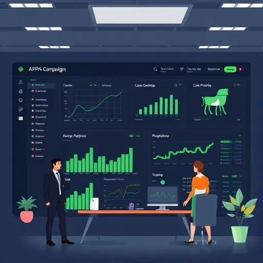 illustrated dashboard of an AI agent automatically optimizing PPC campaign settings, animated icons, progress bars, keyword graphs, dark background with green highlights, no text